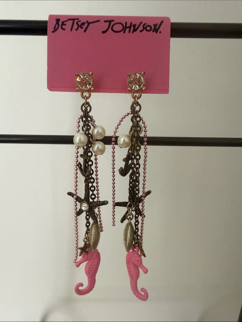 Betsey Johnson Pink Seahorse Mixed-Chain Dangle Earrings, NWT, perfect!